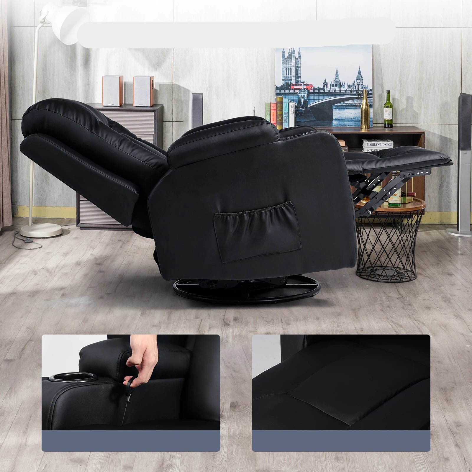 Relaxfauteuil met Ligfunctie - Fauteuil - Relaxstoel - Massagestoel - 360° Draaibaar – Relaxzetel - Dikke Rugleuning & Armleuningen – Zwart - QUORE