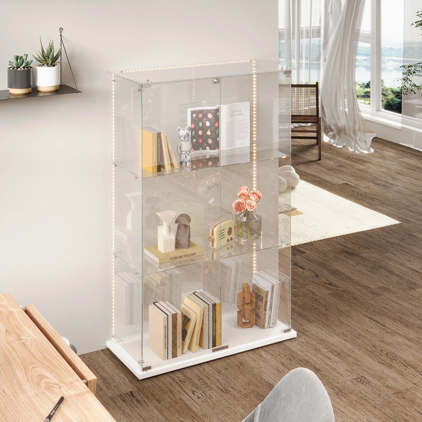 Vitrinekast – Glasvitrine – Displaykast – Showkast – Opbergkast – 360 Graden Zichtbaarheid – Ingebouwde LED-Verlichting – Wit – 3 Planken – Dubbele Deuren