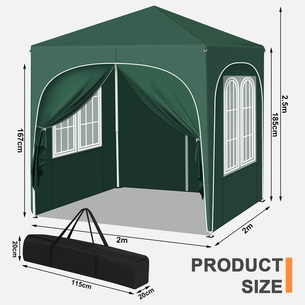 Opvouwbare Partytent - Easy up Partytent - Pop-up Paviljoen - 2x2m - Verstelbare Hoogte - Zijwanden - Waterdicht - UV - Bescherming - Buiten - Groen
