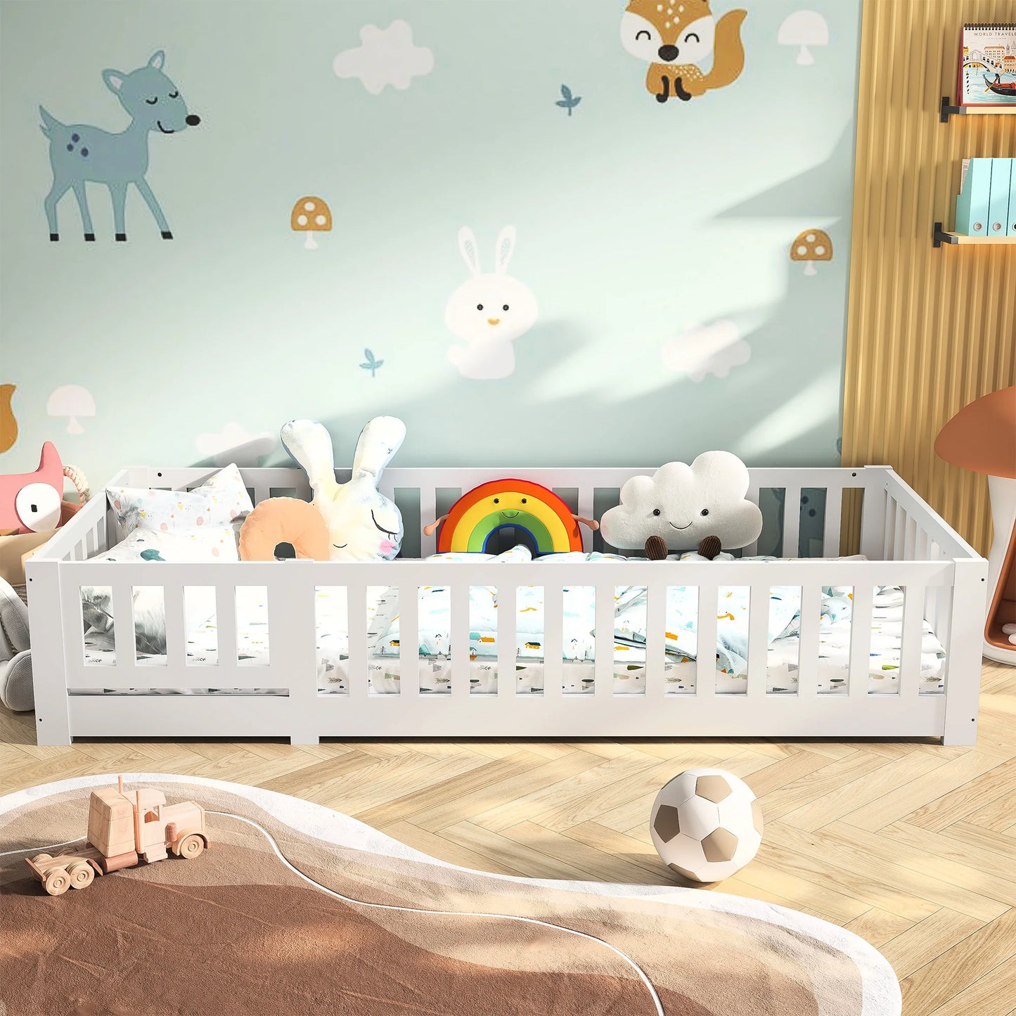 Montessori Kinderbed – Kinderbedje – Peuterbed – Juniorbed – Bed Met Deur – 90 x 200 cm – Massief Grenenhout – Valbeveiliging Met Lattenbodem – Wit - QUORE