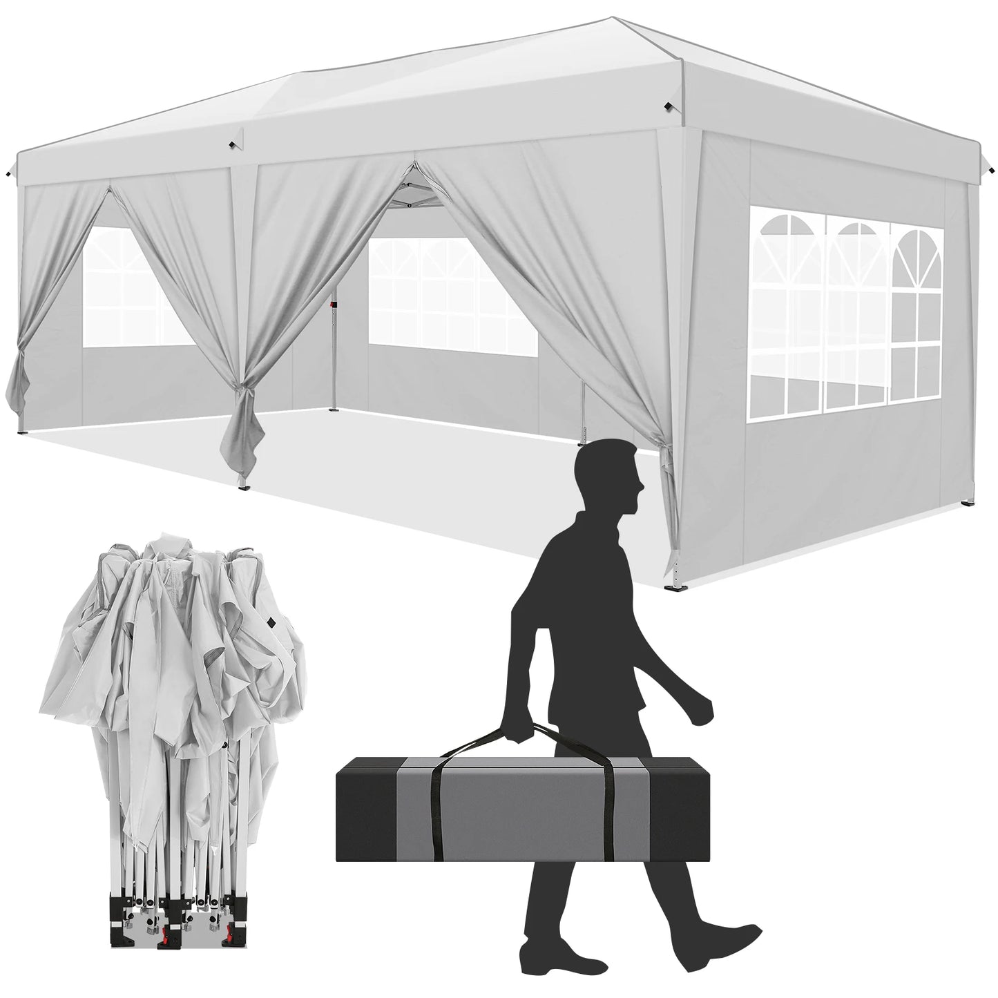 Vouwwagen – Pop-Up Tent – Opvouwbare Tent – Buiten Tent – Waterafstotend Oxford – 3x6 Meter – 6 Afneembare Zijwanden - Wit