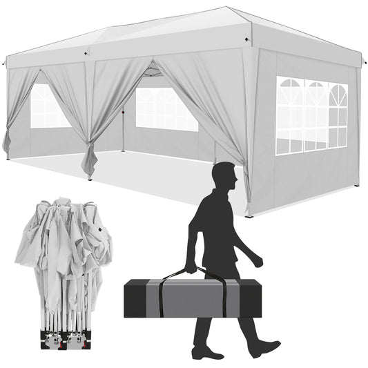 Vouwwagen – Pop-Up Tent – Opvouwbare Tent – Buiten Tent – Waterafstotend Oxford – 3x6 Meter – 6 Afneembare Zijwanden - Wit