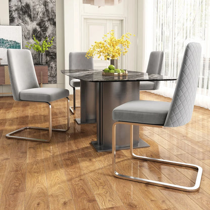 Eetkamerstoel – Set Van 4 - Velours Woonkamerstoel – Comfortabele Fauteuil – Lounge Stoel – Zacht Gewatteerd Zitvlak – Zilver Metalen Pootjes - Grijs
