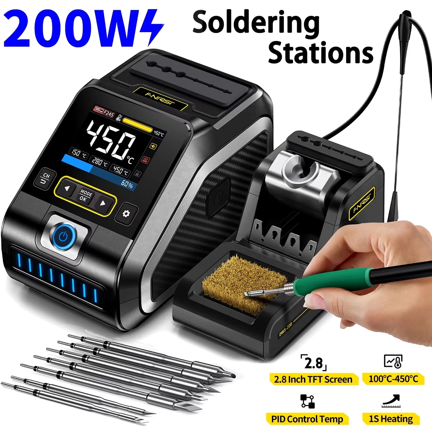 Soldeerstation - Soldeerbout - Soldeertin - Solder - Digitaal Soldeerstation - 200W - DWS 200 - met F245 Handgreep en 6 Tips – Professioneel Rework Station voor Precisiewerk