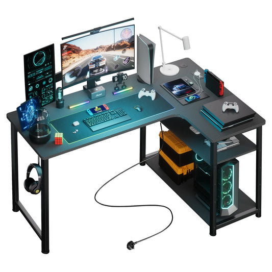 Game Bureau - Bureau - Hoekbureau - Game Bureau - 120cm L-vormige Computertafel - met USB Oplaadpoort & Stopcontact - Gaming Bureau - met Opbergrek - Zwart - QUORE