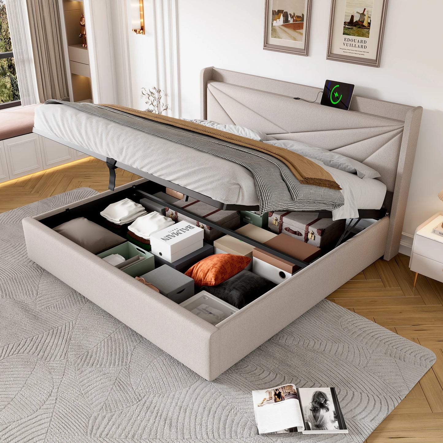 Gepolsterd Bed – Bedframe – Opbergbed – Slaapbed – Linnen Bed – 160x200 cm – Met USB Type-C Oplaadpoort – Luxe Beige Geometrisch Hoofdeinde