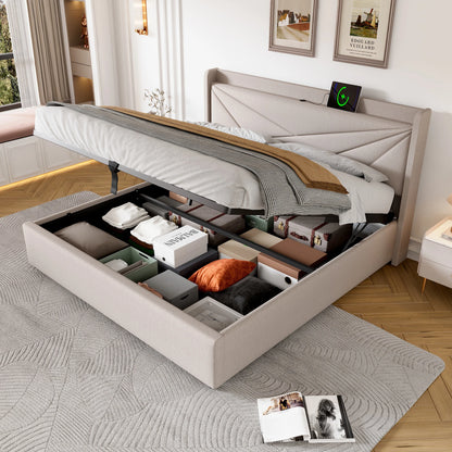 Gepolsterd Bed – Bedframe – Opbergbed – Slaapbed – Linnen Bed – 160x200 cm – Met USB Type-C Oplaadpoort – Luxe Beige Geometrisch Hoofdeinde