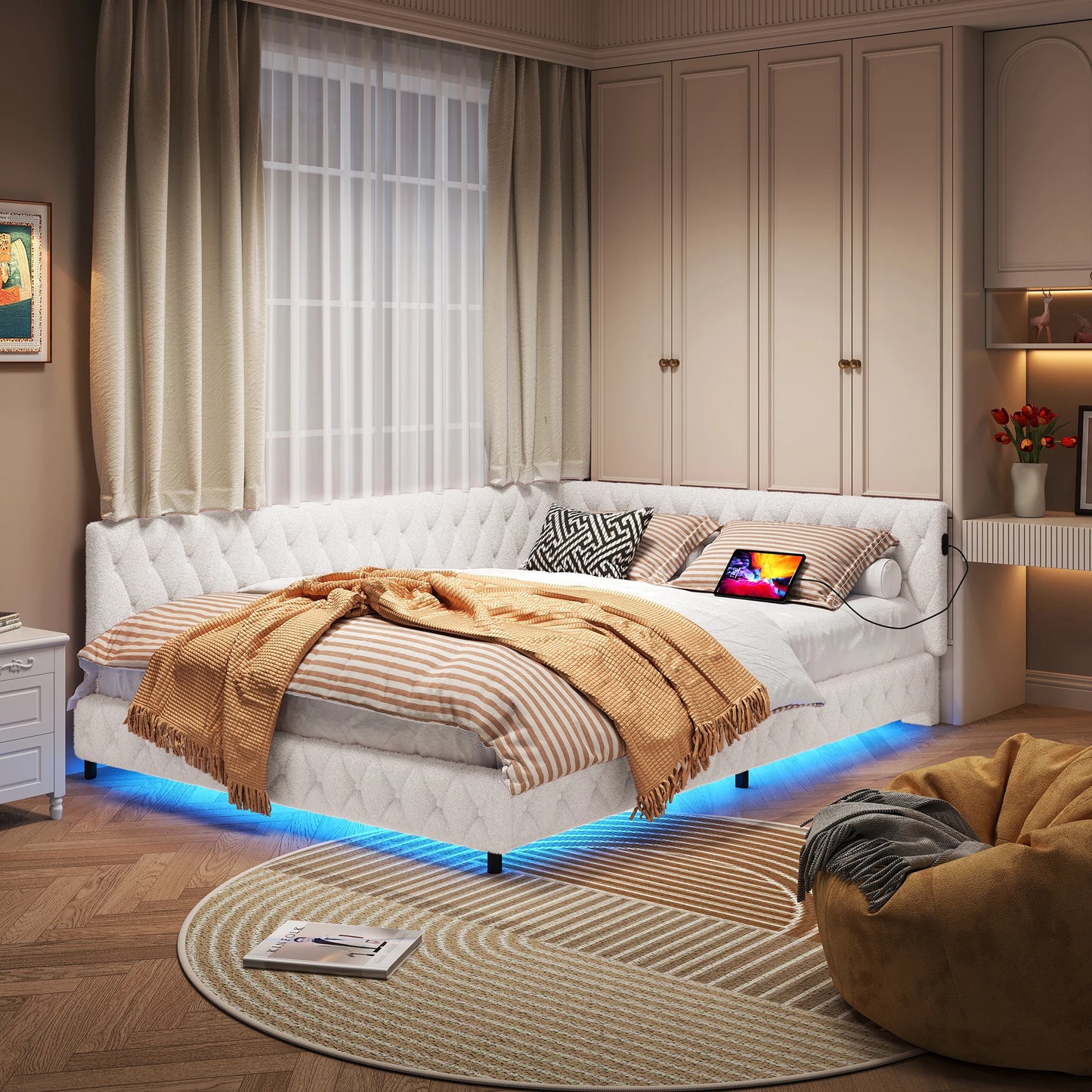 Bankbed – Slaapbank – Bedbank – Logeerbed – Sofa Bed – L-Vormig 140x200 cm – Teddy Velvet Bekleding Met LED-Verlichting En USB-Aansluitingen