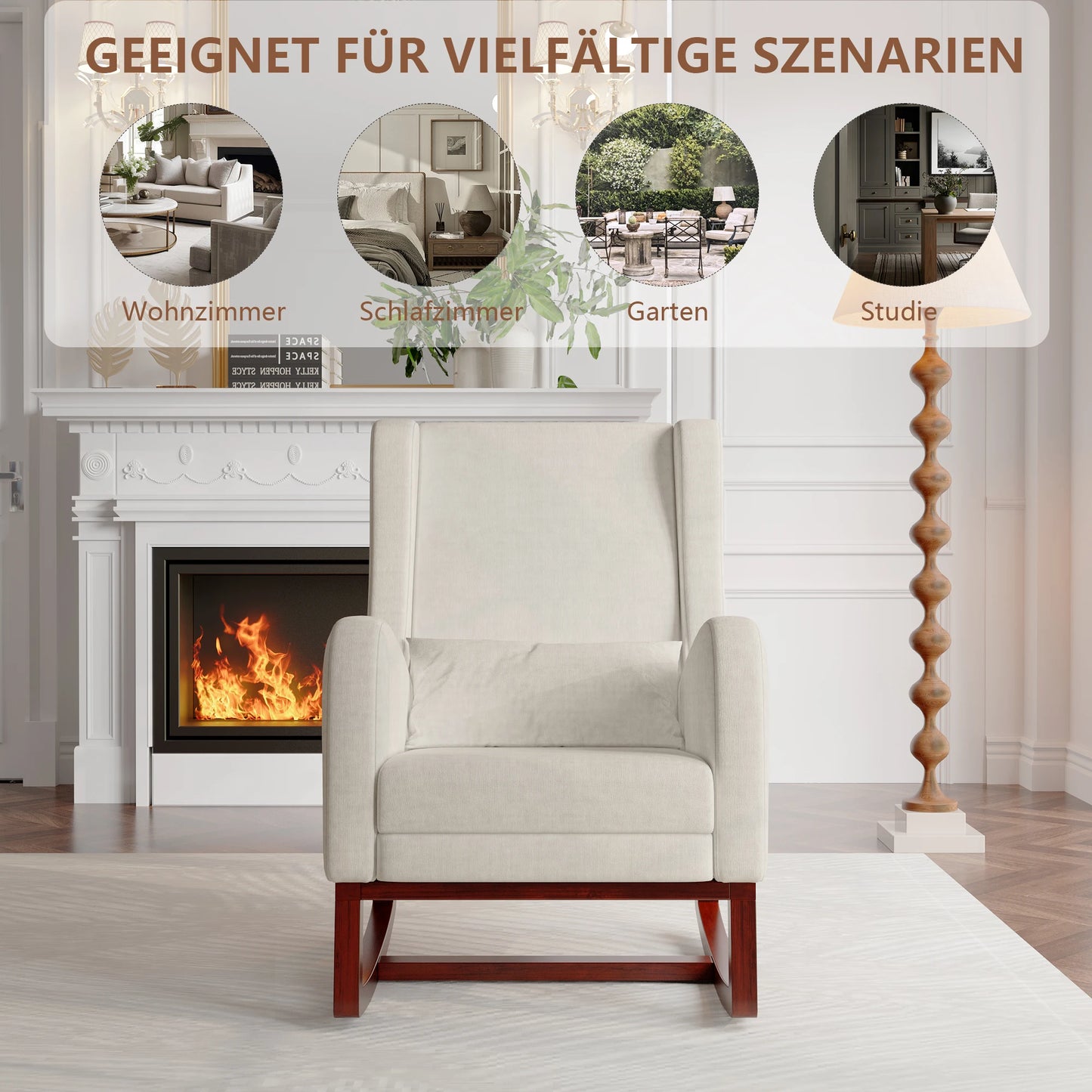 Schommelstoel – Relaxstoel – Fauteuil – Voedingsstoel – Loungestoel – Geborsteld Velours Stof – Massief Houten Onderstel – Inclusief Voetensteun en Opbergvak