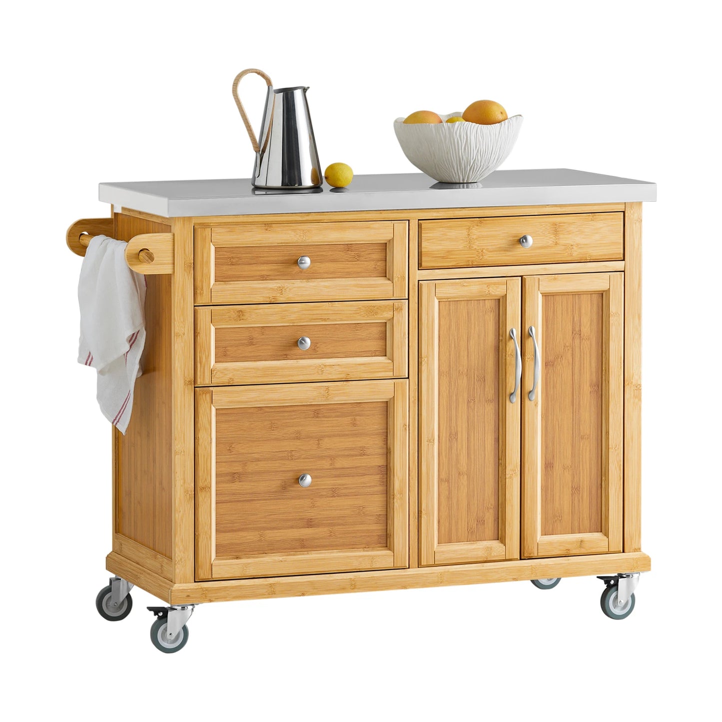 Keukeneiland – Keukentrolley – Serveerwagen – Keukenkast – Buffetkast – Natuurvariant – Bamboe Frame – RVS Werkblad – 115x92x46 cm