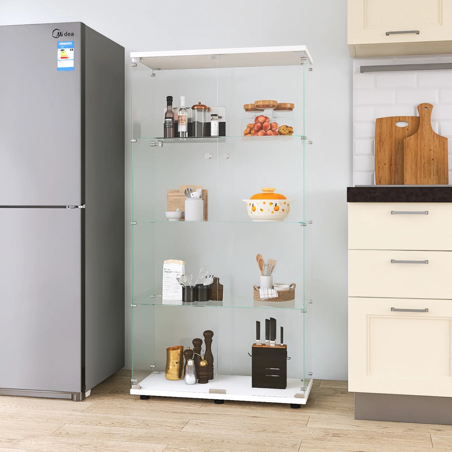 Vitrinekast – Glazen Kast – Vitrine – Opbergkast – Boekenkast – Wit – 4 Glazen Planken – 8 Opbergvakken