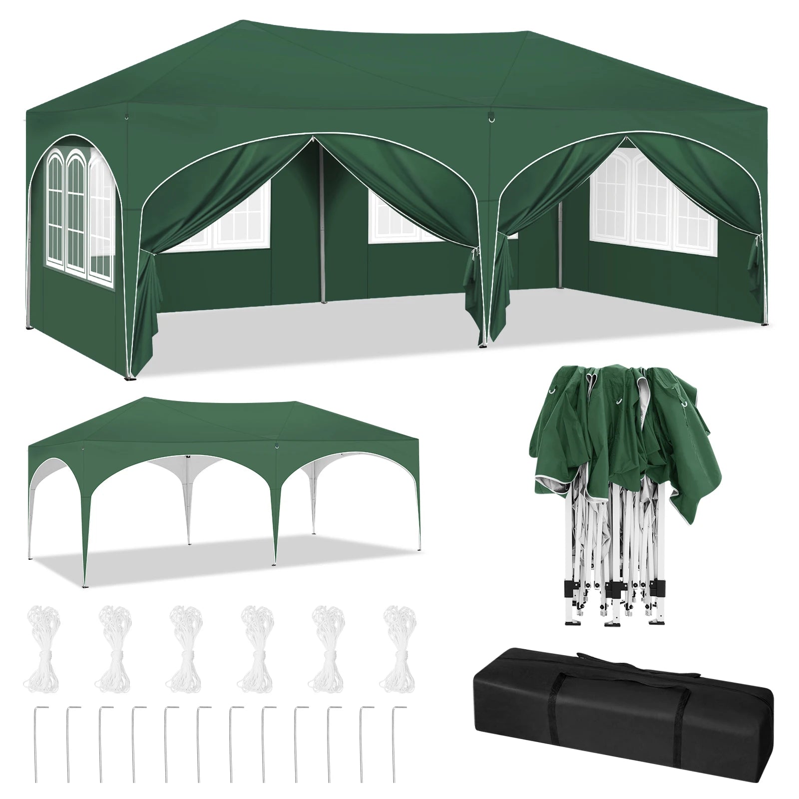 Vouwpaviljoen Gazebo - Gazebo Pop-Up Tent - Tuinpaviljoen - Kampeertent - Overkapping - Paviljoen - Opvouwbare Partytent - Tenten - 3x6m - 6 Zijkanten Verstelbare - Verstelbare Hoogte - Waterdichte - Groen - QUORE