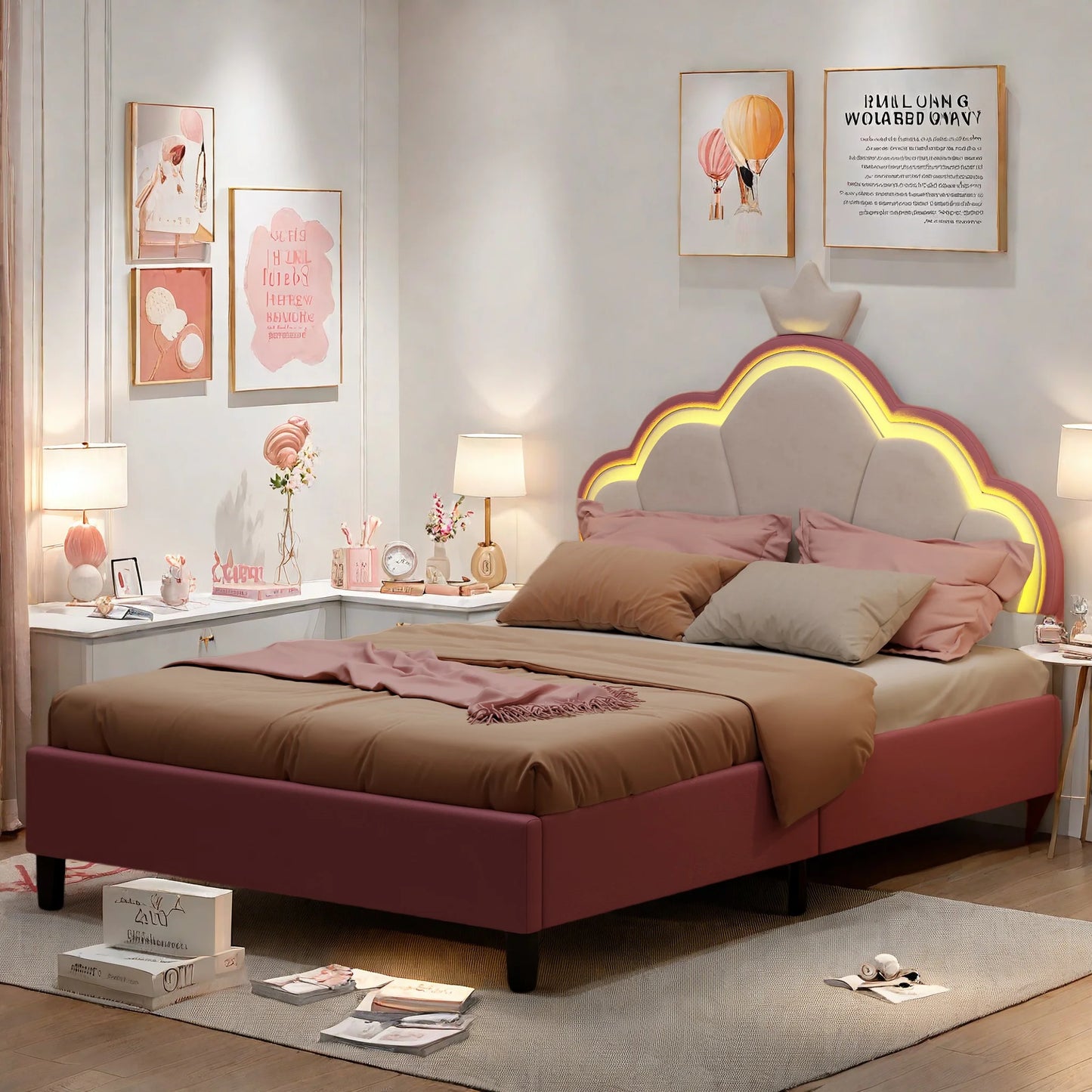 Modern Gestoffeerd Bed – Gestoffeerd Bedframe – Fluwelen Bed – Velours Bed – Slaapbed – 140x200 CM – Bloemvormig Hoofdeinde Met Kroon – Verstelbare Led-Verlichting