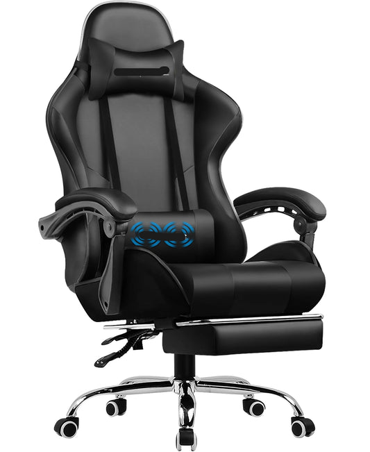 Gamingstoel – Bureaustoel – Massagestoel – Ergonomische Stoel – Voetensteun – Massagefunctie – Verstelbare Rugleuning - Zwart - QUORE