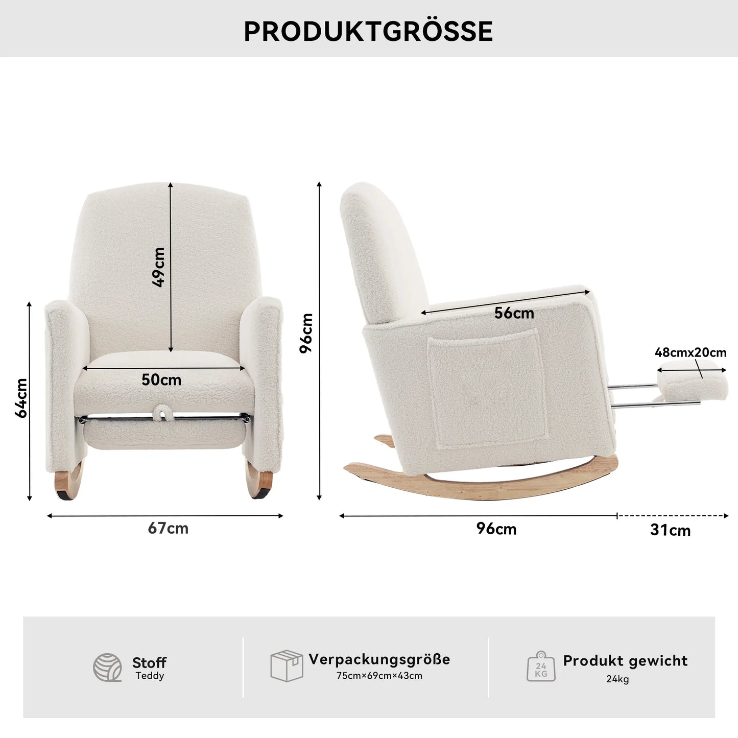 Schommelstoel – Relaxstoel – Wiegstoel – Loungechair – Teddypluche – Ergonomisch Design – Geïntegreerde Voetensteun - 67 x 126 x 98 cm - Wit