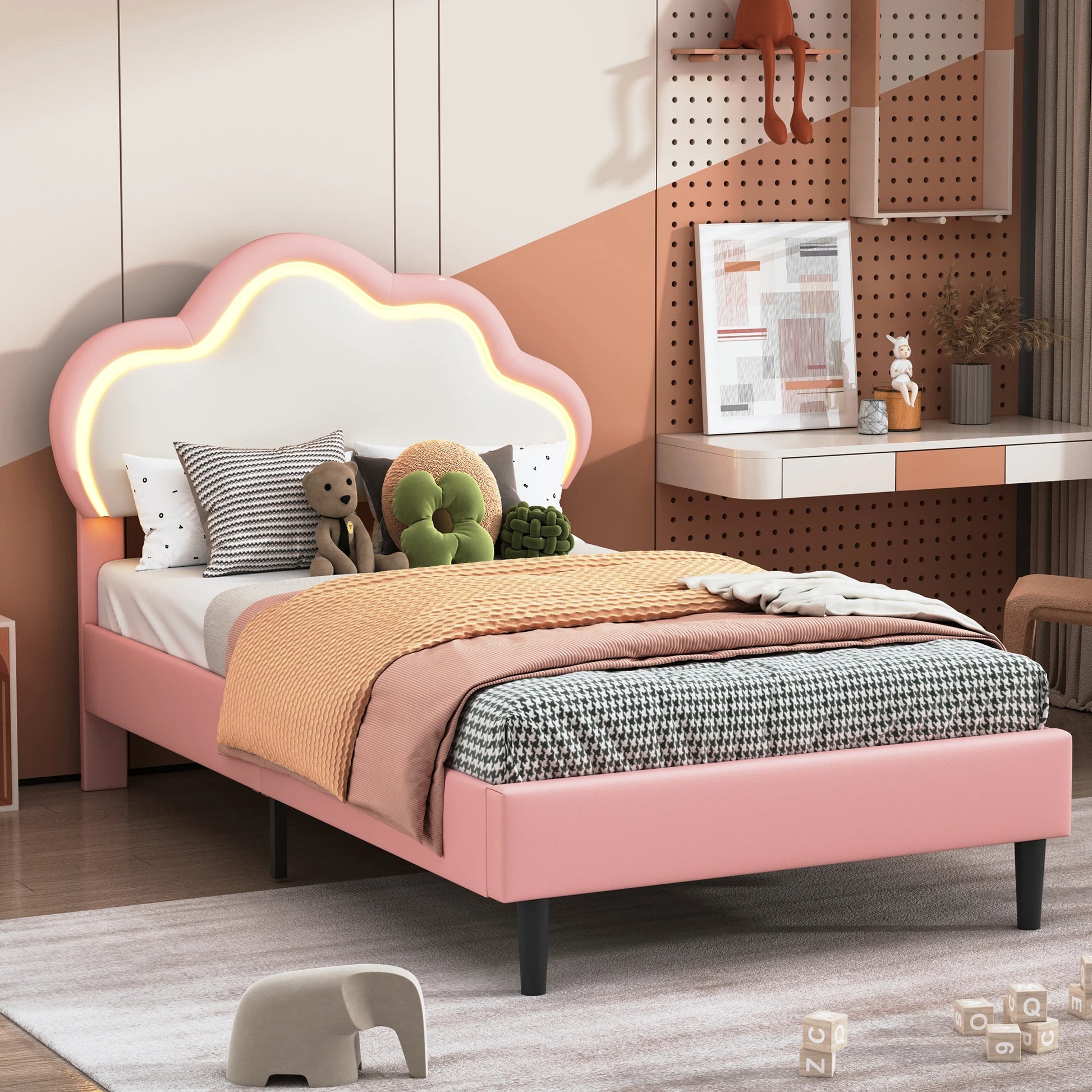 Kinderbed – Eenpersoonsbed – Led Bed – Prinsessenbed – Kinderkamerbed – 90x200 cm – PU Kunstleer Bekleding – Kleurveranderende LED Verlichting - QUORE