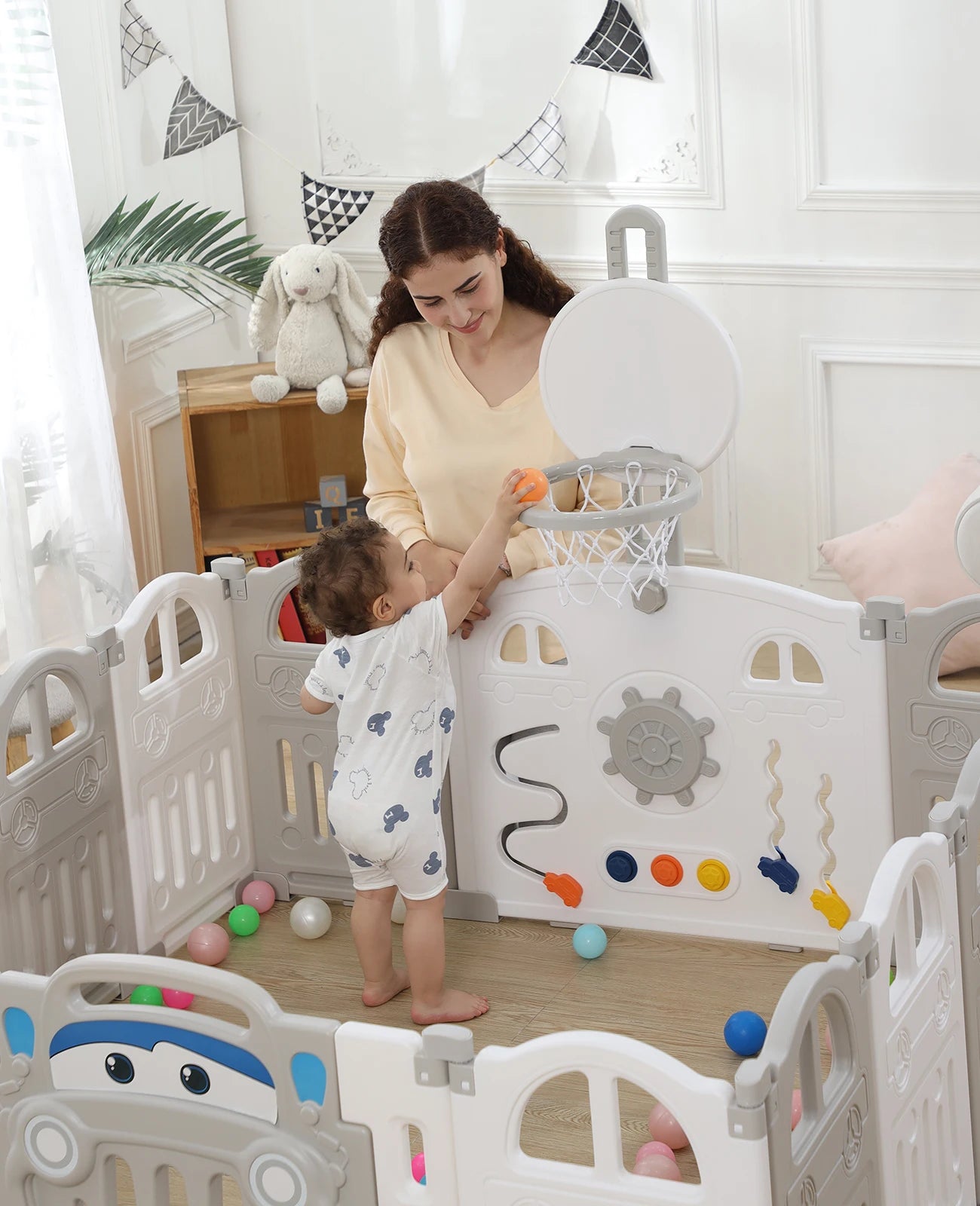 Baby Speelbox - Box Baby - Kinderbox - Metalen Speelbox - Opvouwbare - met Basketbalring - Inclusief Activiteitenwand en Sensorisch Speelgoed - Voor 7 Maanden tot 6 Jaar - Grijs-wit - QUORE