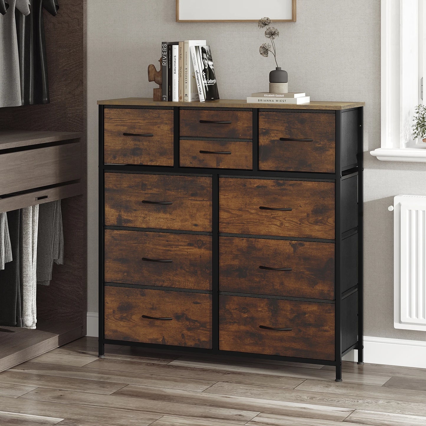 Opbergkast - Ladekast - Ladekastje - Ladenkastje - Ladenkast - Industrieel Stijl - Metaal Frame - voor Woonkamer - Slaapkamer en Hal - 8 Lades - Vintage Bruin Zwart