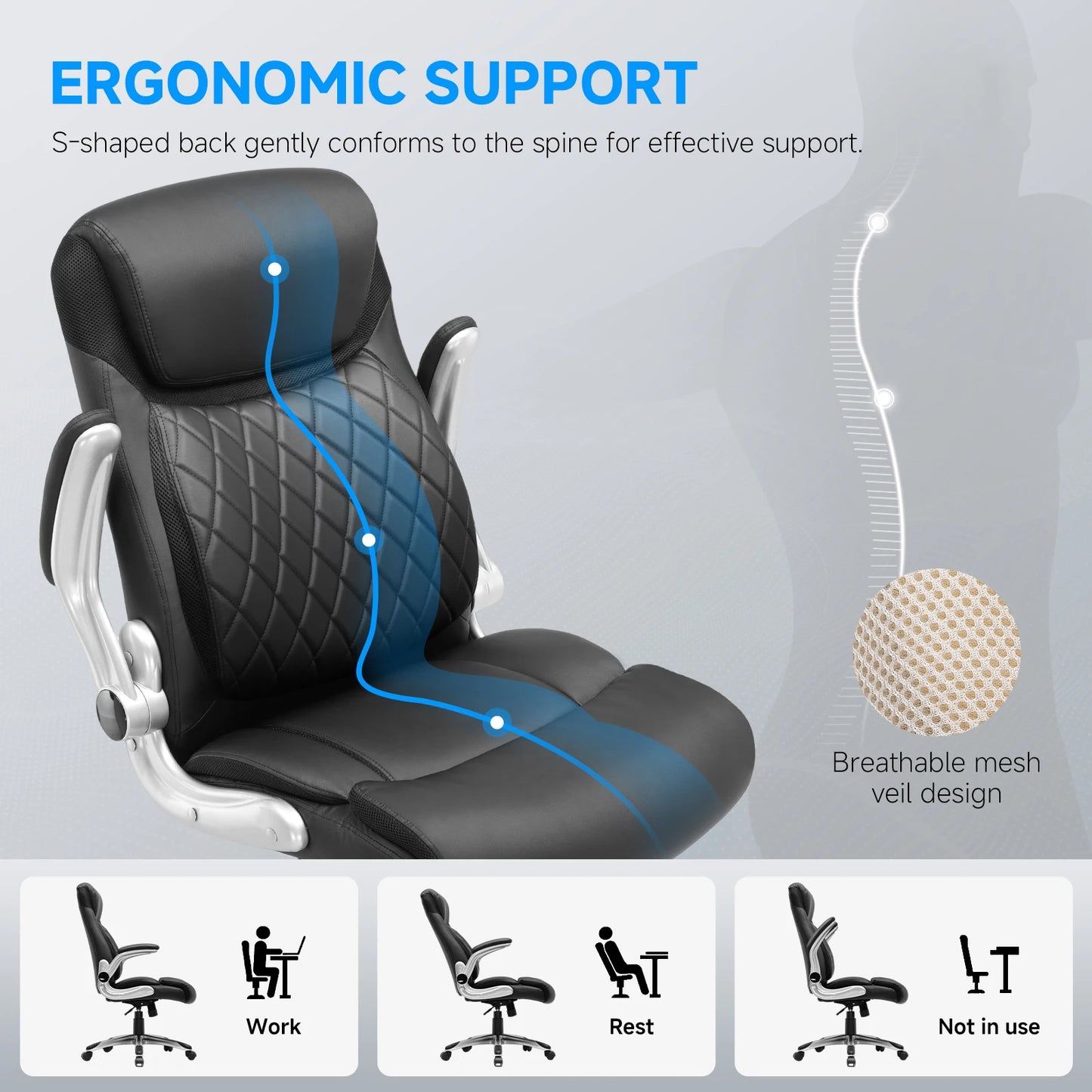 Ergonomische Bureaustoel – Kantoorstoel – Werkstoel – Bureaustoel Met Armleuningen – S-Vormig Rugpaneel – Draagvermogen 136 Kg – 360 Graden Draaibaar - 52 x 54 x 118 cm - Zwart - QUORE