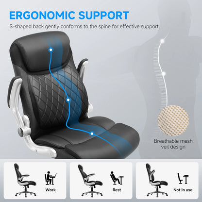Ergonomische Bureaustoel – Kantoorstoel – Werkstoel – Bureaustoel Met Armleuningen – S-Vormig Rugpaneel – Draagvermogen 136 Kg – 360 Graden Draaibaar - 52 x 54 x 118 cm - Zwart - QUORE