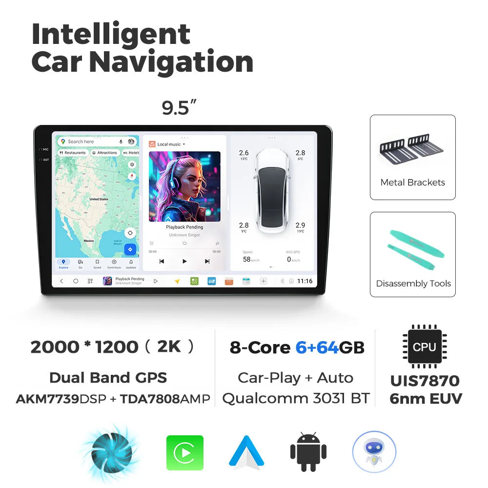Multimedia Speler Auto – Car Radio – Touchscreen Speler – GPS Navigatie – Android Auto – 9,5 Inch – Draadloos CarPlay – 4G LTE WiFi