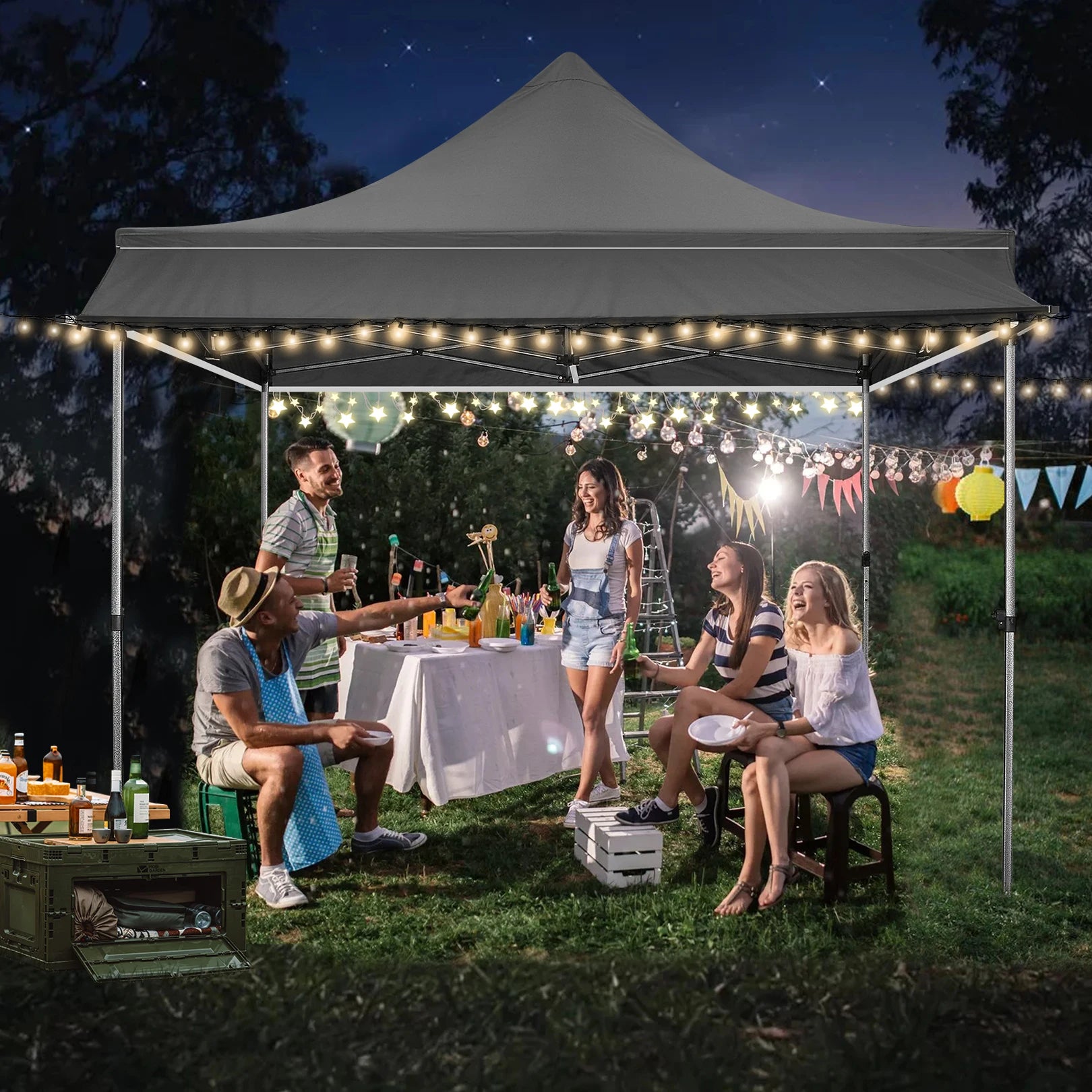 Partytent – Pop-Up Tent – Tuinkamer – Overkapping – 3X3 Meter – Waterafstotend Oxford Polyester – Verstelbare Hoogte - Wit - QUORE
