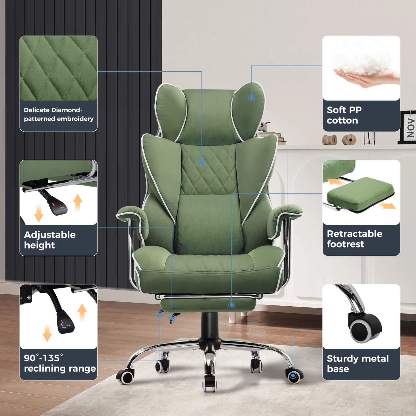 Ergonomische Bureaustoel - Gaming Stoel - Bureaustoelen Stoelen - met Pocketvering Rugsteun -Verstelbare Voetsteun - Comfortabele Brede Zitting - 90-135° Kanteling - met Armleuningen en Wieltjes - Wit-Blauw - Stof - QUORE