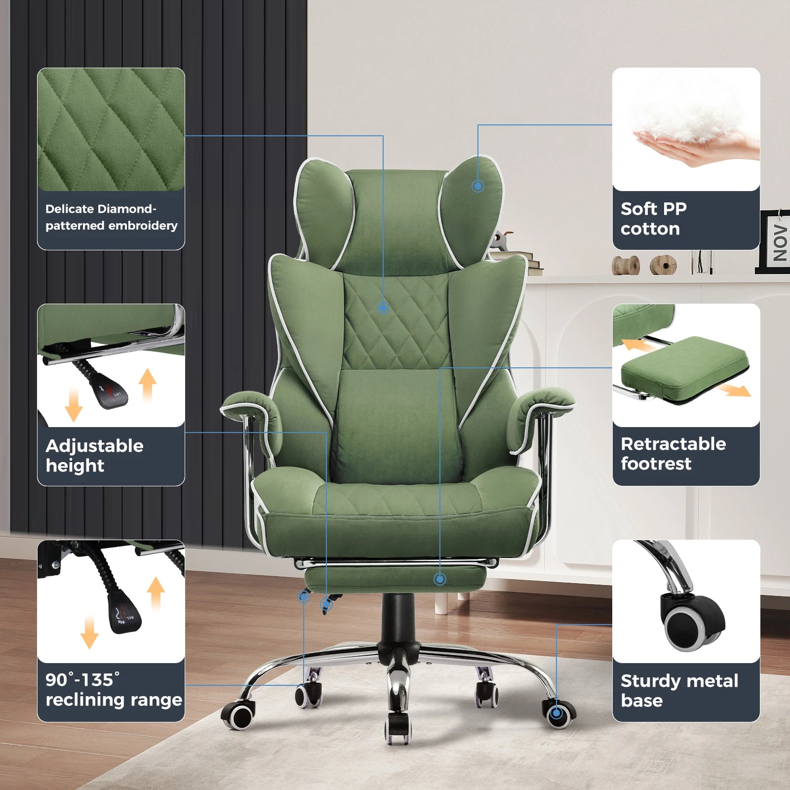 Ergonomische Bureaustoel - Gaming Stoel - Stoelen - Bureaustoelen - met Pocketvering Rugsteun -Verstelbare Voetsteun - Comfortabele Brede Zitting - 90-135° Kanteling - met Armleuningen en Wieltjes - Groen - Stof - QUORE
