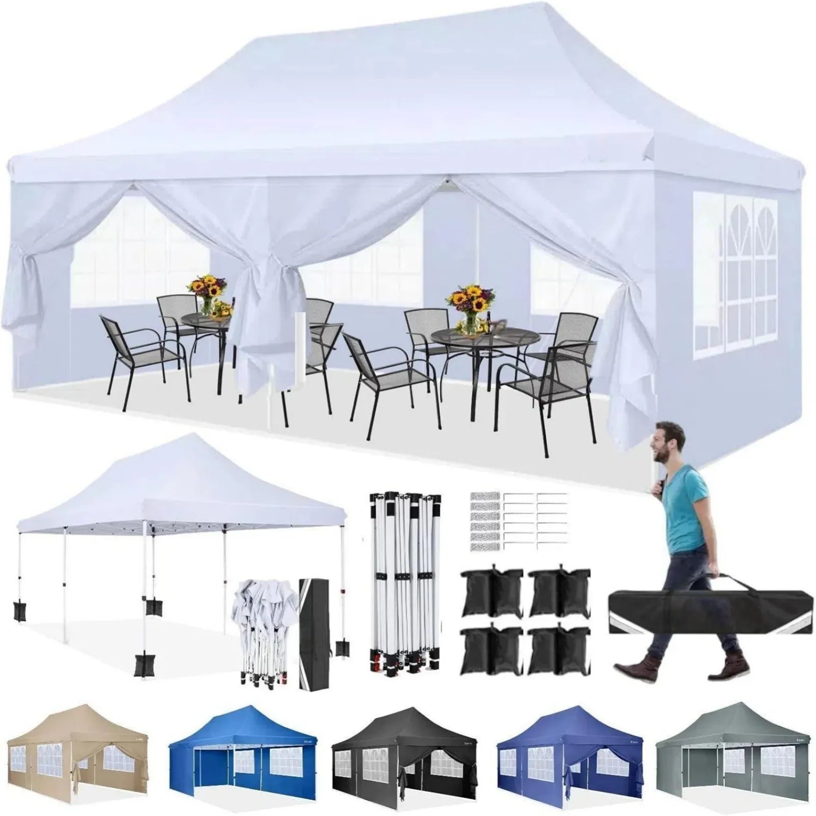 Gevouwen Gazebo – Overkapping – Tuentent – Partytent – 3x6 Meter – Waterdicht Oxford – Verstelbare Hoogte - Wit - QUORE