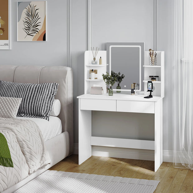 Kaptafel - Make-up Tafel - Make up Tafel met Spiegel en Lampen - Verstelbare Helderheid - 2 USB Poorten - 2 Lades - 6 Opbergplanken - 90x135x40 cm - Wit