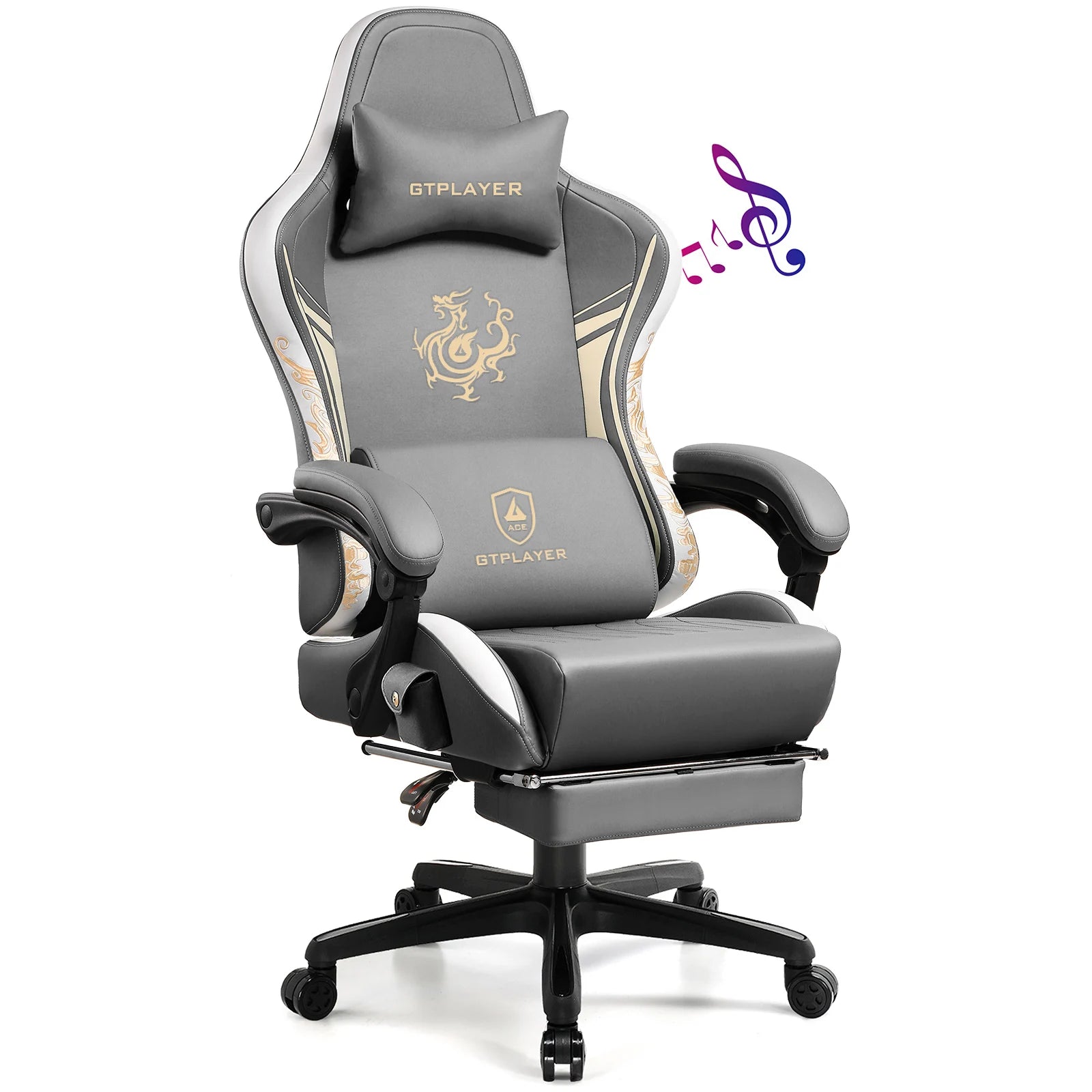 Gamingstoel – Bureaustoel – Gamestoel – Office Chair – Bureaustoel Gaming – Bluetooth Speakers – Ergonomisch Met Voetensteun – Kunstleer Grijs - QUORE