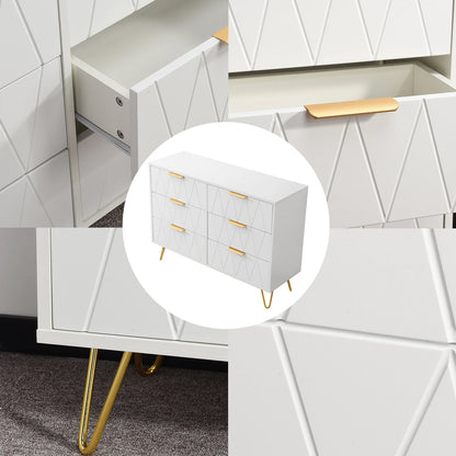 Ladekast – Ladekastje – Dressoir – Opbergkast – Kast Met 6 Lades – Wit Met Gouden Accenten – Anti-Kantelbeveiliging – Hout En Metaal