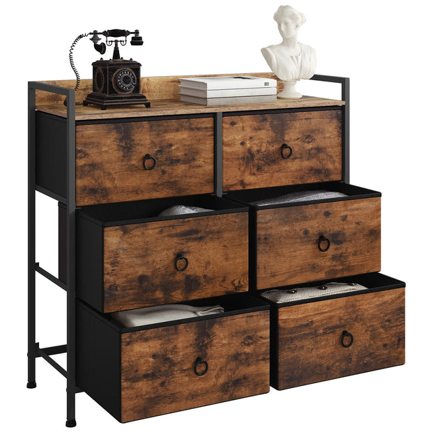 Ladenkast - Dressoir Kasten - Ladekast met 6 Stoffen Lades - Stevig & Stijlvol - Industriële Opbergkast - Metaal & Hout - Voor Woonkamer - Slaapkamer  - Hal  - 80x29x78cm - Vintage Bruin