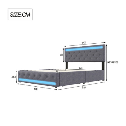 Gestoffeerd Tweepersoonsbed – Bedframe Met Opberglades – Slaapbank – Ladebed – Linnen Bed – 140x200 cm – USB Oplaadpoort – Meerkleurige LED-verlichting