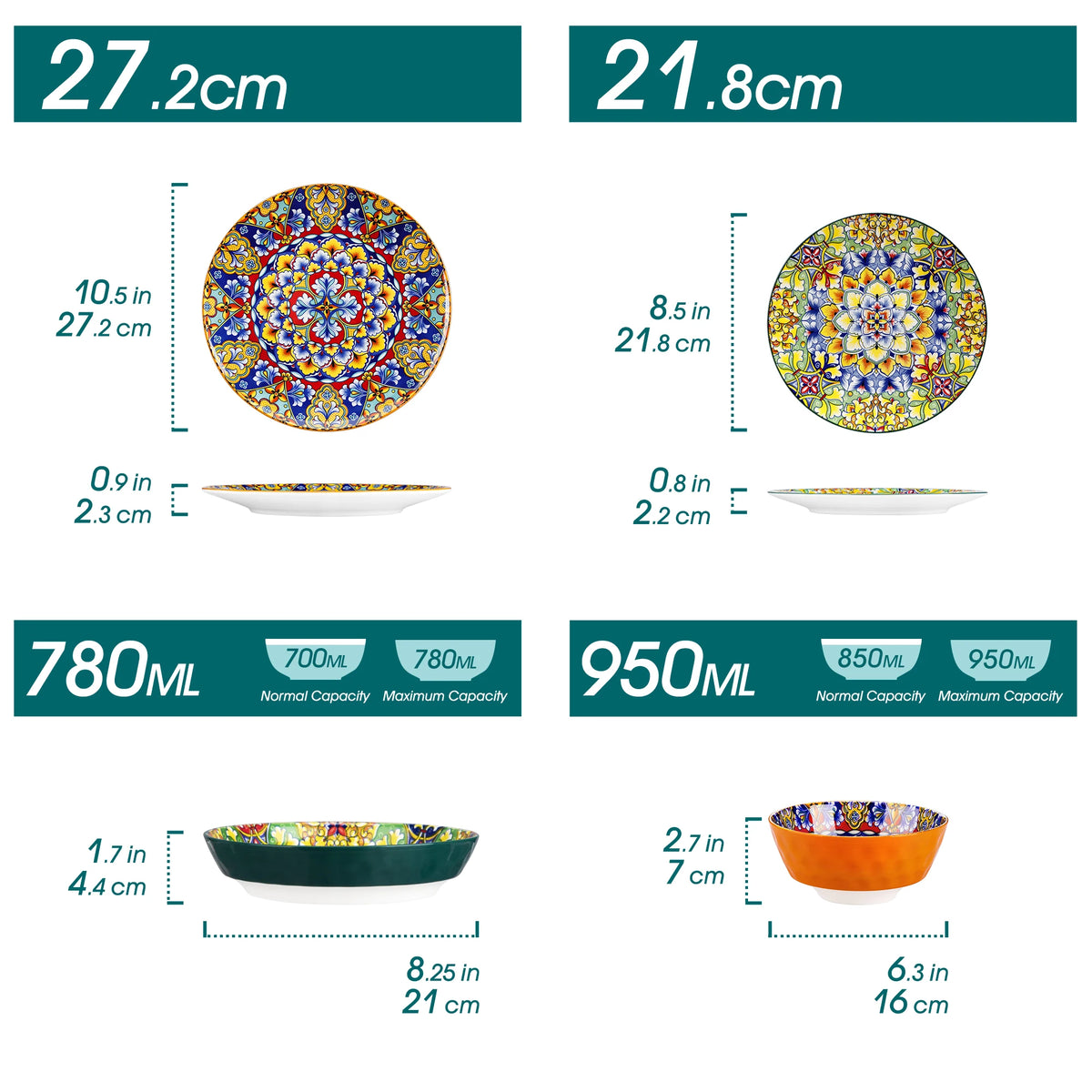 Servies - Servies set - 48 Stuks - Keramisch - Steengoed - Met Diner/Dessertbord -  Ontbijtgranen - Pastakom - Bohemian Stijl