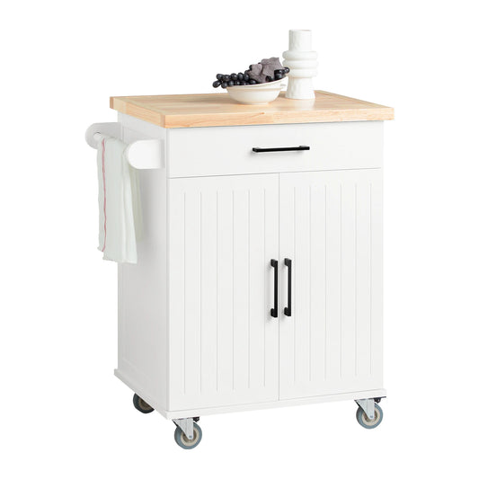 Keukentrolley – Serveertrolley – Werktafel – Keukenwagen – Opbergtrolley – Wit-Naturel – Rubberen Houten Werkblad – Verstelbare Opslagruimte - QUORE