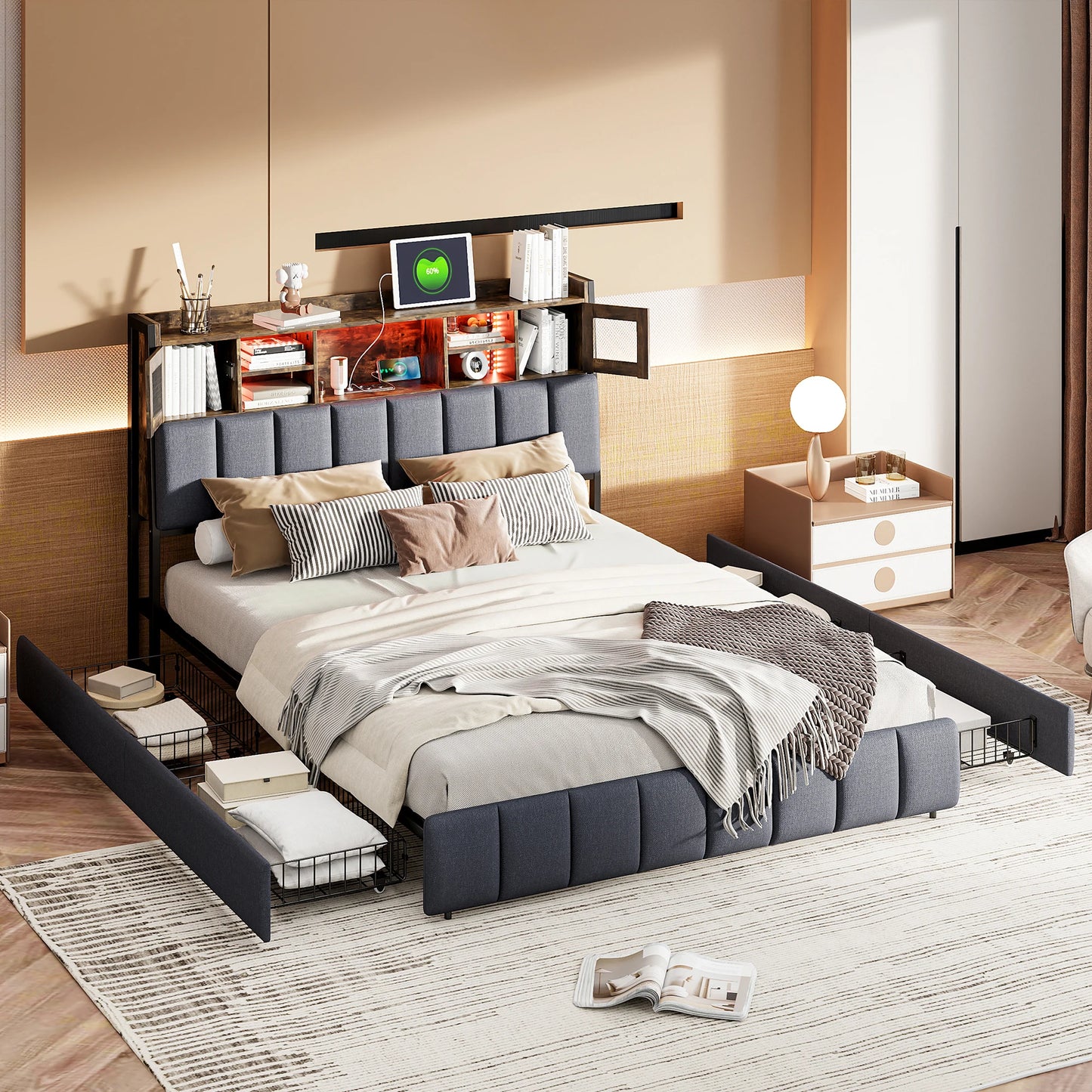 Gestoffeerd Bed – Tweepersoonsbed – Opbergladen Bed – Led Hoofdbord Bed – Slaapkamerbed – 160x200 cm – Ingebouwde USB-poorten – Verstelbare LED-verlichting