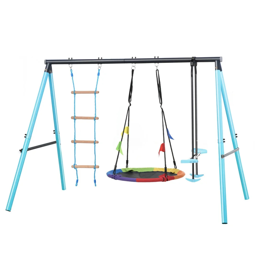 Tuinschommel – Speeltoestel – Klimnet – Waszaag – Verstelbare Schommelhoogte – Stevig Metalen Frame - Blauw