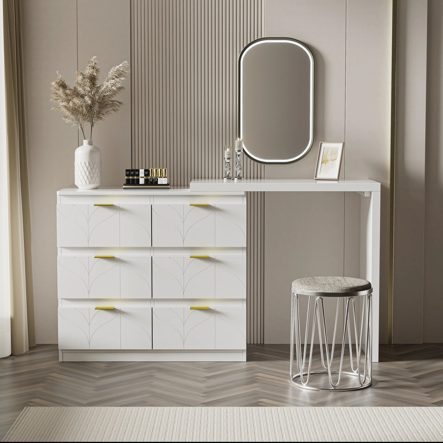 Dressing Table – Kaptafel – Make-up Tafel – Opbergmeubel – Bureau – Wit Met Gouden Handgrepen – 6 Lades – Draaibaar Tafelblad 180°