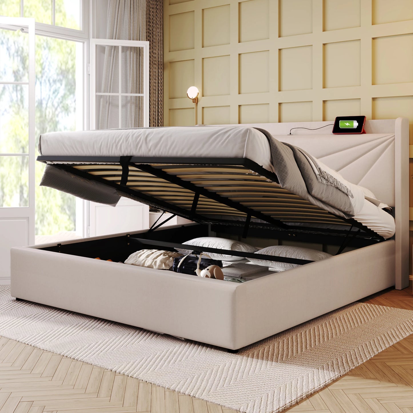 Gepolsterd Bed – Bedframe – Opbergbed – Slaapbed – Linnen Bed – 160x200 cm – Met USB Type-C Oplaadpoort – Luxe Beige Geometrisch Hoofdeinde