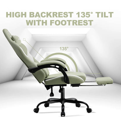 Gaming Stoel - Bureaustoel - Swivel Stoel - met Voetsteun - Hoofdsteun - Verstelbare - Rugleuning - Lendenkussen - Ergonomische - Draaibare -  Hoogwaardige stof - 55 x 55 x 130 cm - Groen