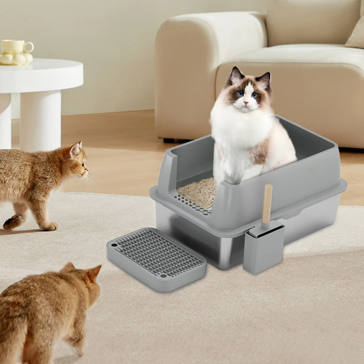 Kattenbak - Extra Grote - RVS - met Hoge Zijkanten - Open Type - Geurvrij en Duurzaam - Grote Katten - Meerdere Katten - Grijs