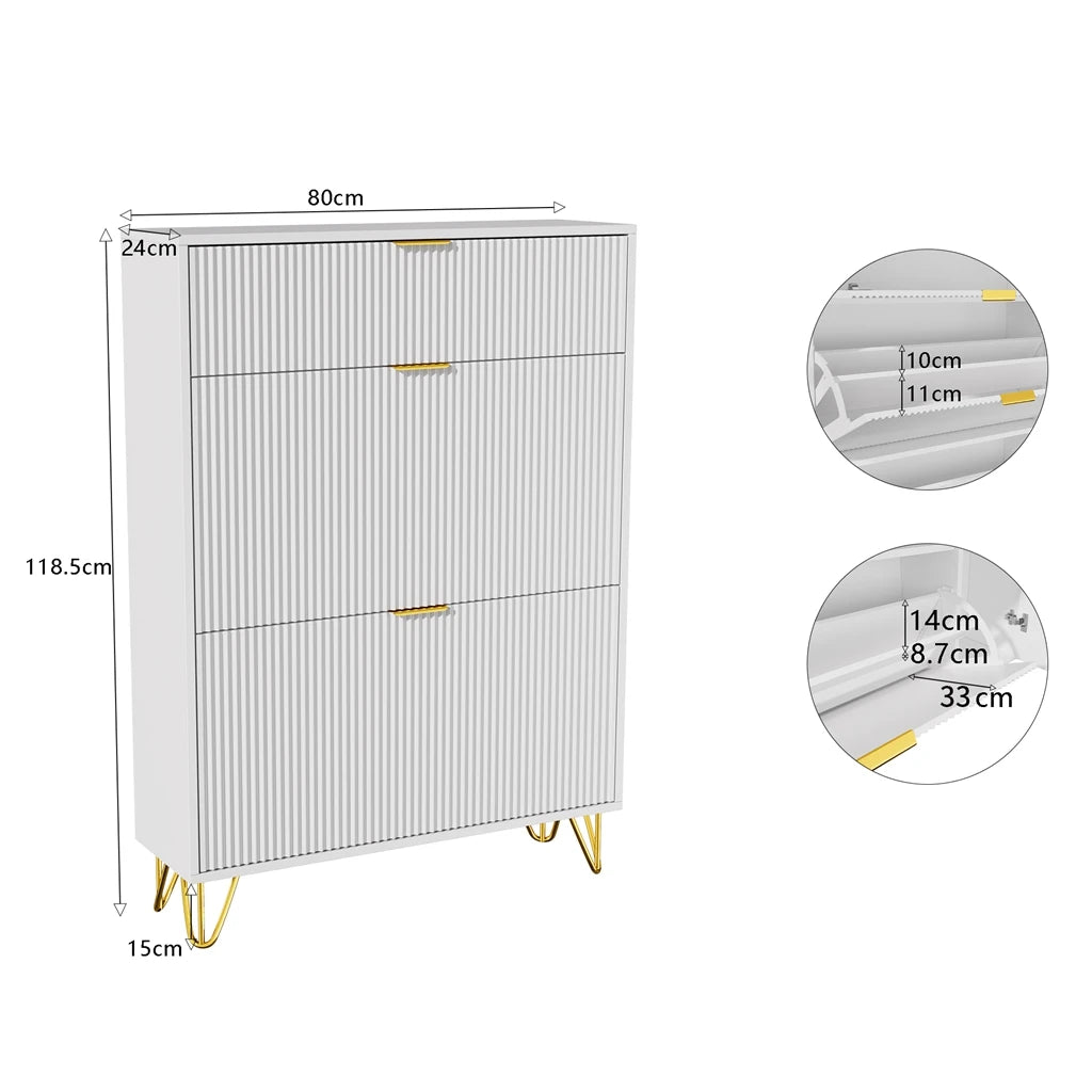 Shoes Furniture 80x24x118,5 cm, shoes shoe cabinet with Faction Drawers, anti-Tover, Metal Feeds, White