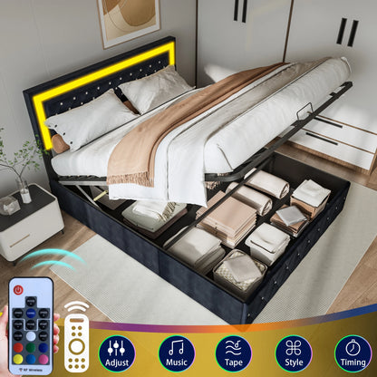 Gestoffeerd Tweepersoonsbed – Bedframe – Slaapbed – Boxspringbed – Luxe Bed – Zwart – 140x200 cm – Met Hydraulische Opbergruimte – Zacht Fluwelen Bekleding