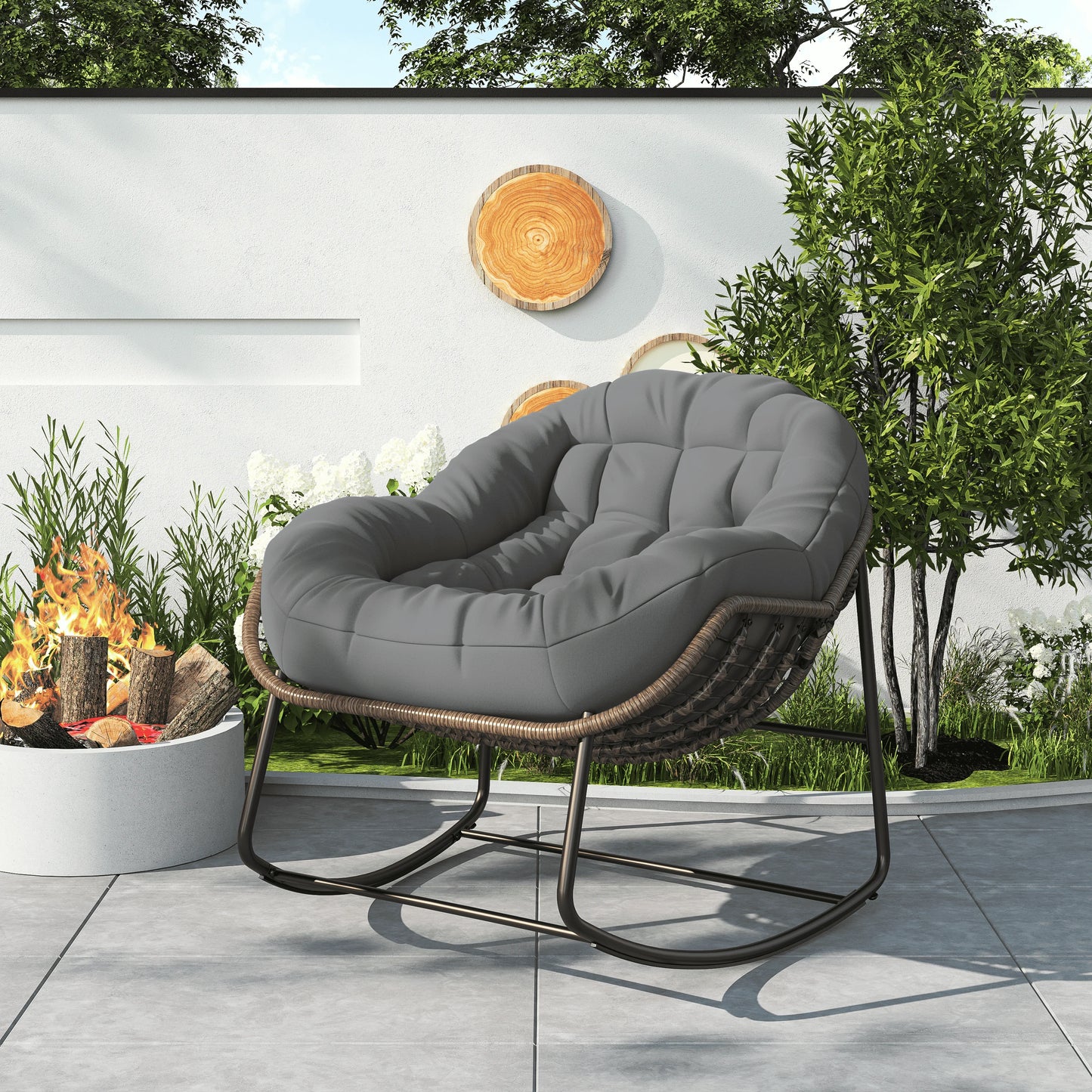 Rotan Stoel – Schommelstoel – Loungestoel – Tuinstoel – Fauteuil – Oversized Design – Waterafstotende Polyester Zitting – 105x90x80 cm – Grijs