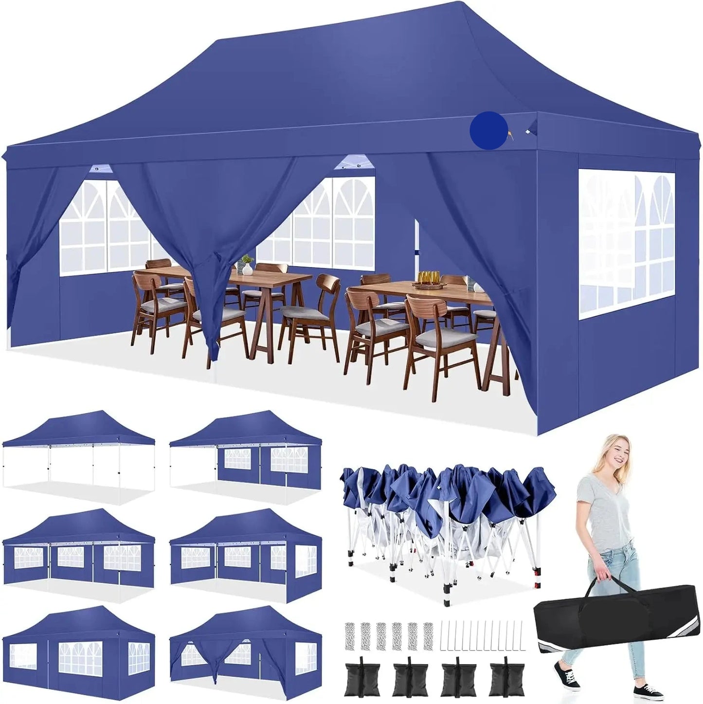 Partytent - Pop-Up Partytenten - Easy up Tent - Vouwtent - Party Tent Opvouwbaar - 3x6m - 6 Zijwanden - UV50+ Tuinpaviljoen - Waterdichte - voor Feest - Markt - BBQ of Camping -  Donkerblauw