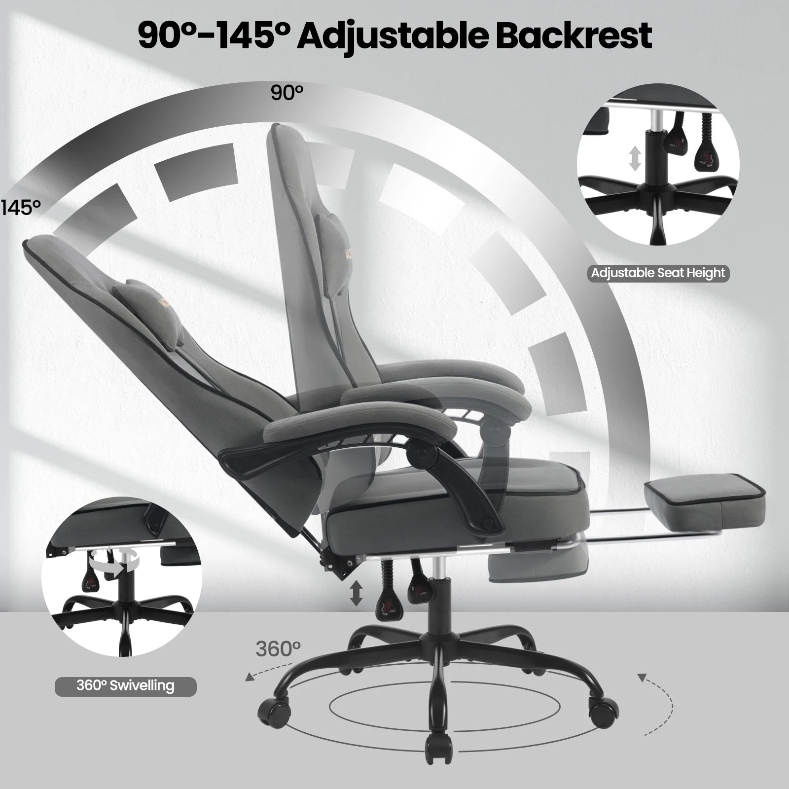 Gaming Stoel - met Voetsteun - Bureaustoel - Ergonomische - Verstelbare - Extra Brede Zitting - Zwart Mesh-stof - 150 kg Draagvermogen - 145° Kantelbaar - QUORE
