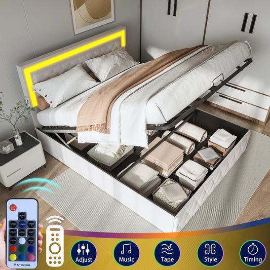 Bed – Boxspring – Slaapbed – 2-persoonsbed – Opbergbed – 160x200 cm – Beige Velvet – Met Hydraulische Opbergruimte