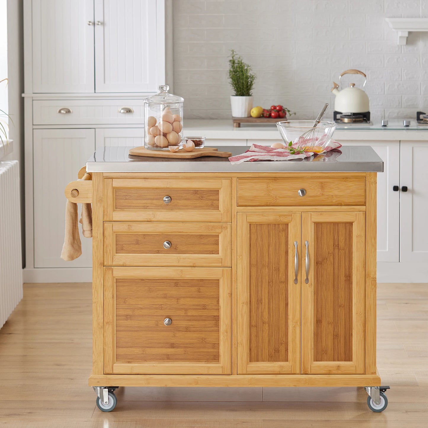 Keukeneiland – Keukentrolley – Serveerwagen – Keukenkast – Buffetkast – Natuurvariant – Bamboe Frame – RVS Werkblad – 115x92x46 cm