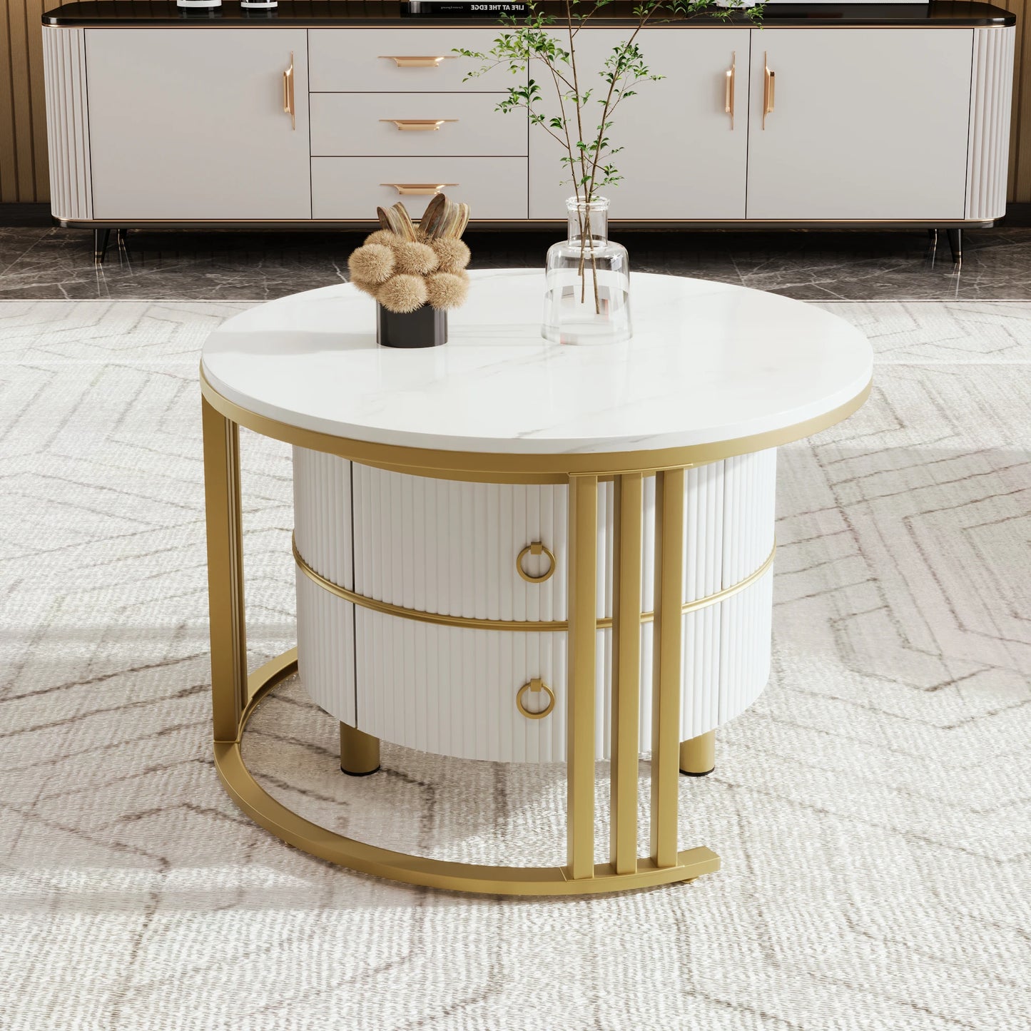 Salontafel - Set Van 2 Bijzettafels – Opbergtafel – Nachtkastje – Moderne Tafels – Marmerpatroon – Gouden Frame - Wit